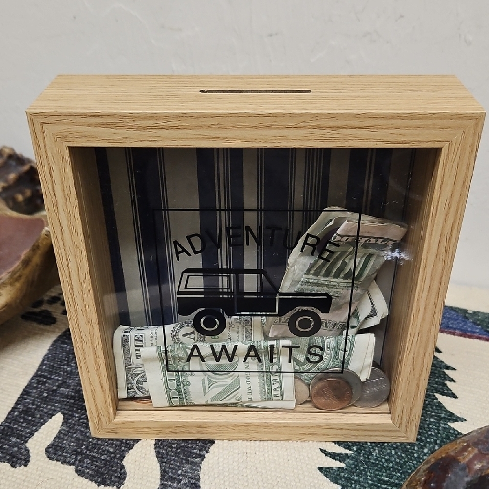 Adventure Awaits Shadow Box Bank - Natural Wood. SORRY, Money Not Included.